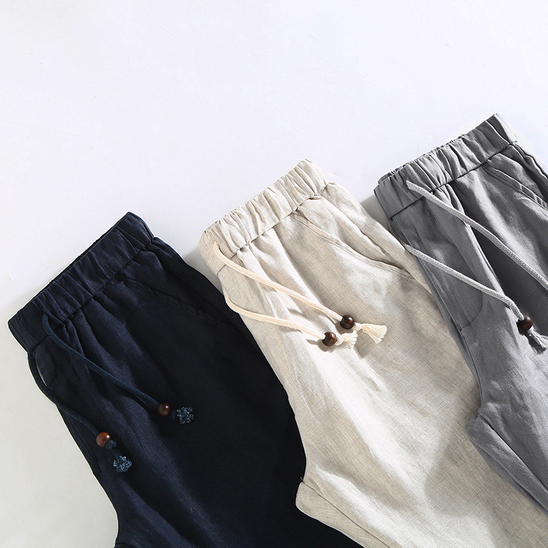 Solid color linen pants for men's summer pants, casual and versatile cropped leggings, Chinese style loose linen pants_voghion.com