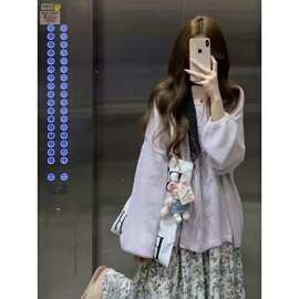 韩系慵懒风镂空紫色毛衣女2026早春新款超好看温柔气质针织上衣薄