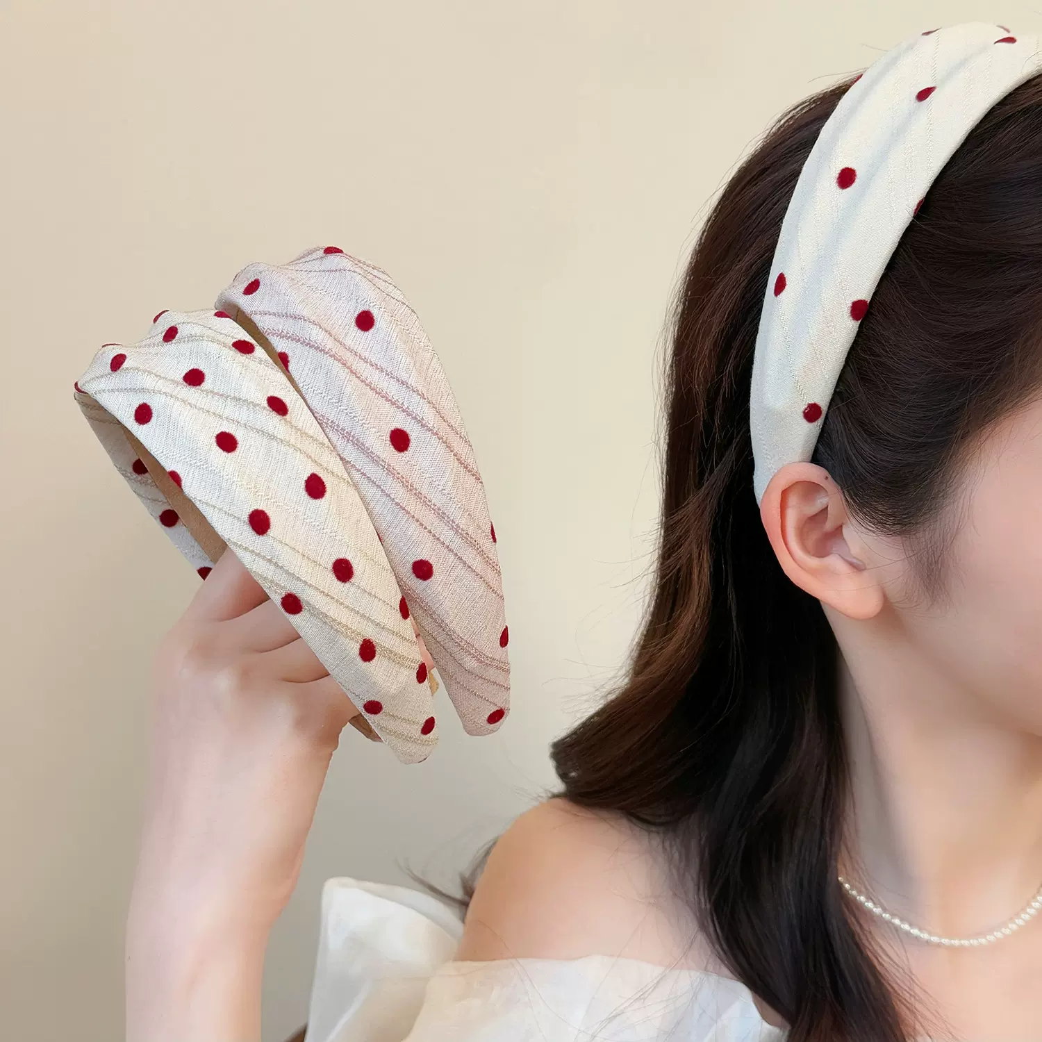 韩式新款甜美奶油色布艺发箍波点坑条高颅顶压发发卡洗脸头箍头饰
