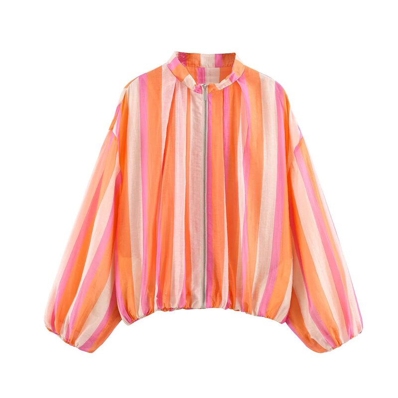 European and American Style Foreign Trade Spring and Summer Women's New Long-Sleeved Stand-Up Collar Striped Bomber Jacket European and American Style Foreign Trade Spring and Summer Women's New Long-Sleeved Stand-Up Collar Striped Bomber Jacket