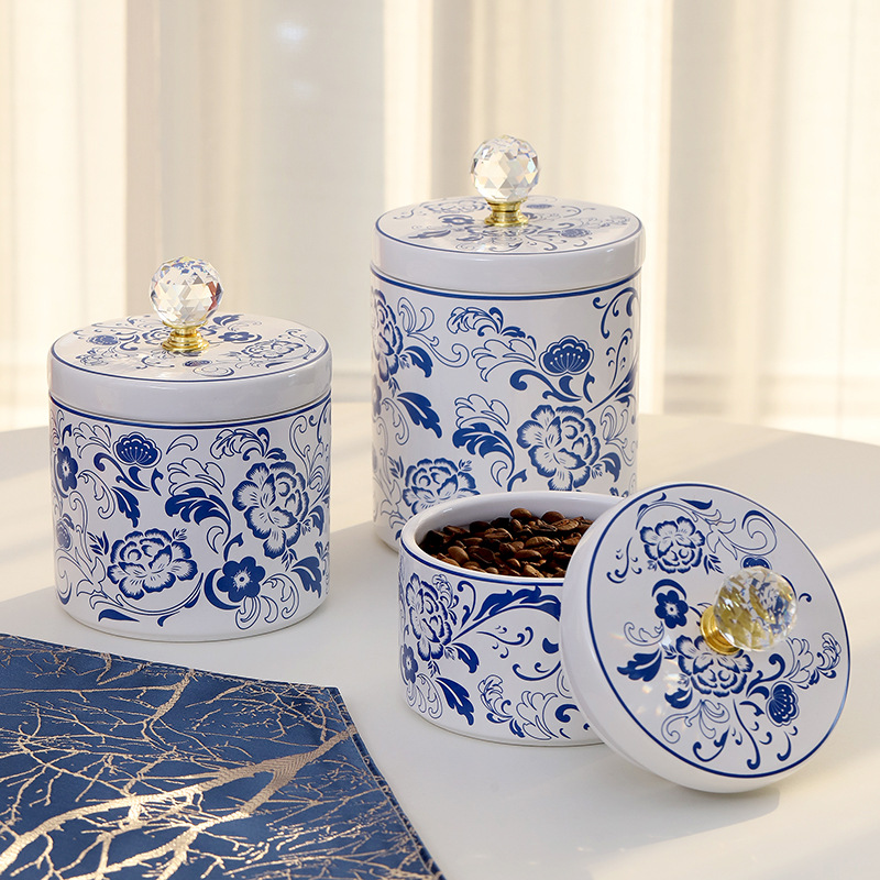 Blue and White Ceramic Sealed Jar Grain Storage Jar Storage Container Household Candy Jar Living Room Decorative Ornaments