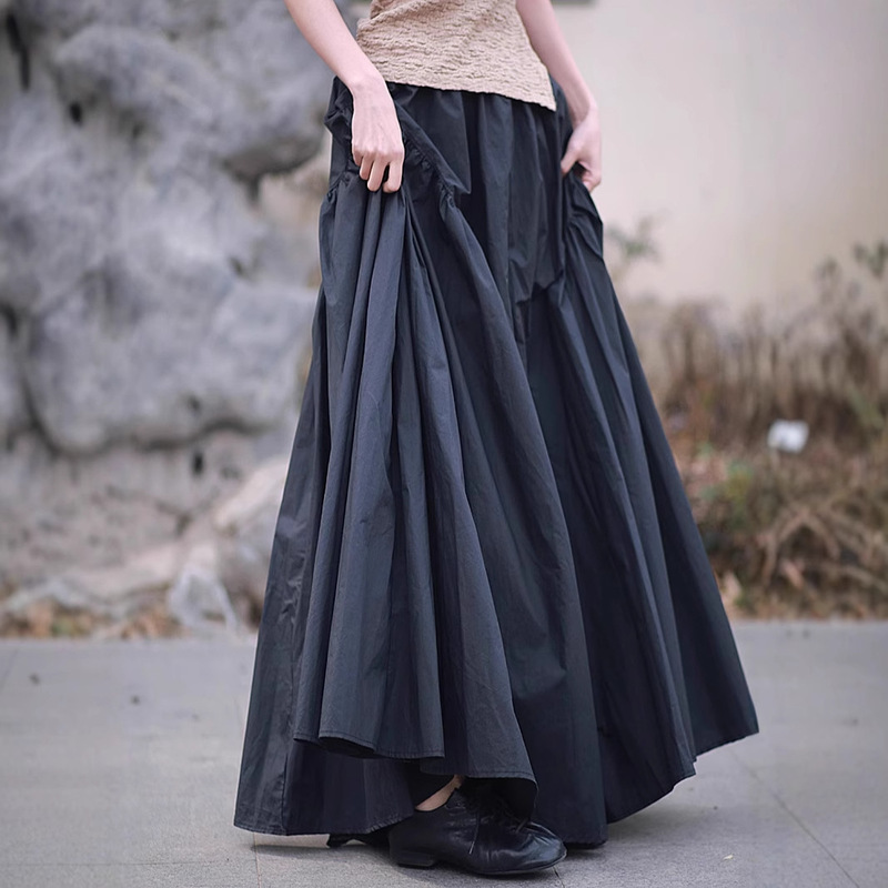 25 Washed Cotton Skirt Solid Color Vintage Oversized High Density Cotton Long Skirt Artistic Stretched Waist Long Skirt 3