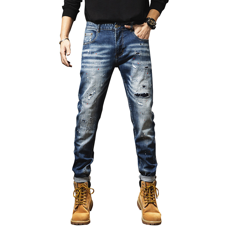 Men's Clothing Retro Light-colored Jeans For Men In Spring Trendy Brand Ripped Trousers Slim Fit Small Feet Washed Men's Trousers Spring And Summer_voghion.com