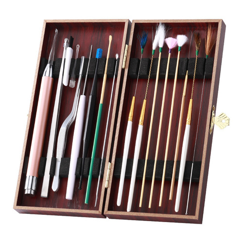 Wooden box ear-picking tool set of 20 pieces, ear-picking spoon, ear-picking goose feather stick buckle with light, visible and luminous ear-picking spoon