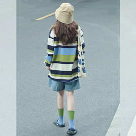 高街卫衣女早秋撞色拼接条纹设计感圆领长袖休闲宽松上衣CQ7364