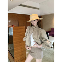 辣妹气质复古灯笼袖云朵下摆立领显瘦短款夹克外套女