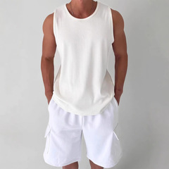 アメリカンスタイルのU字型ラージネックベストメンズプリーツテクスチャルーズノースリーブTシャツワッフルジャカードニットベストトレンディ