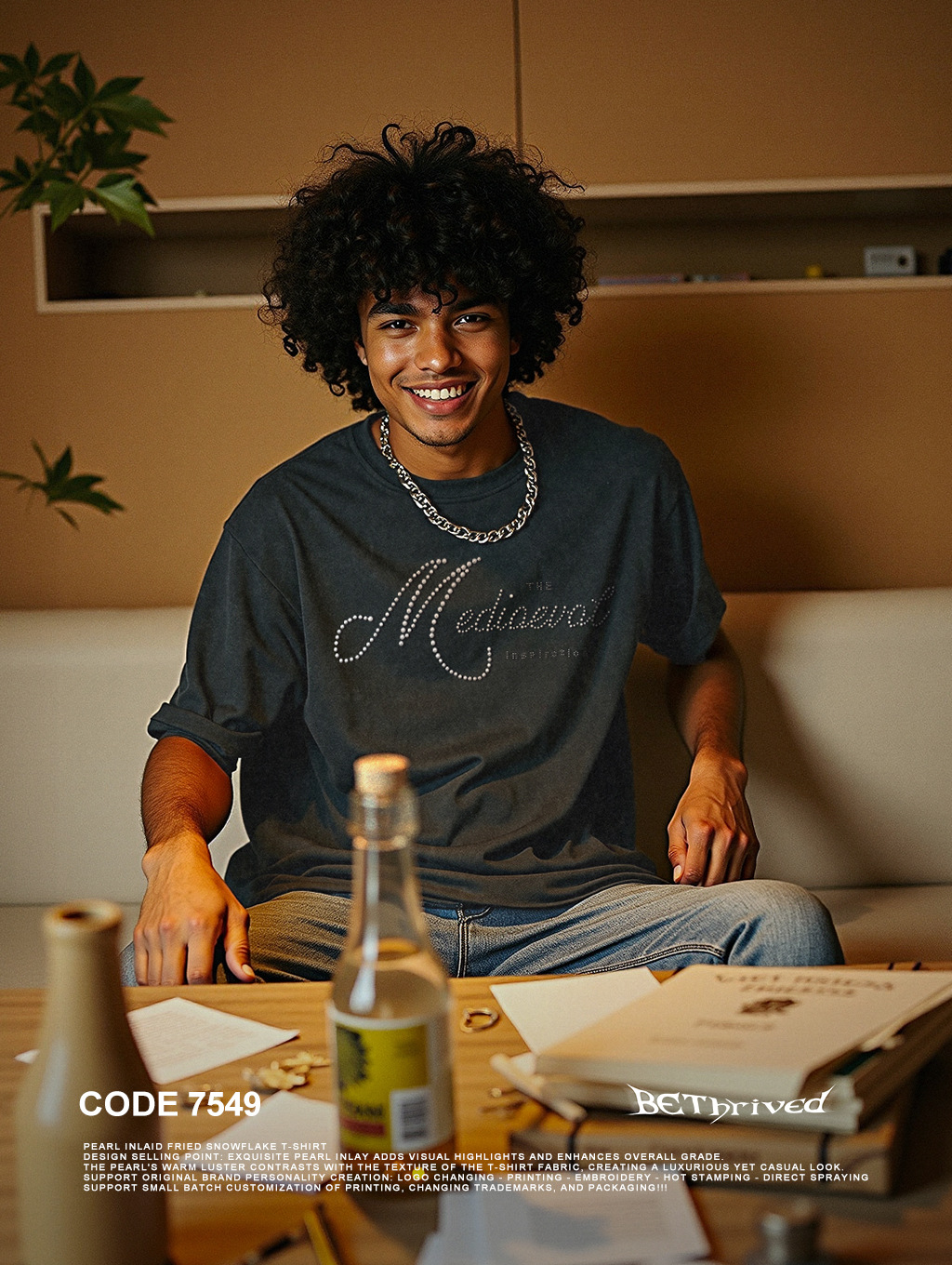 Camiseta de Manga Corta con Perlas para Hombre de Algodón Transpirable Suelto para Uso Casual