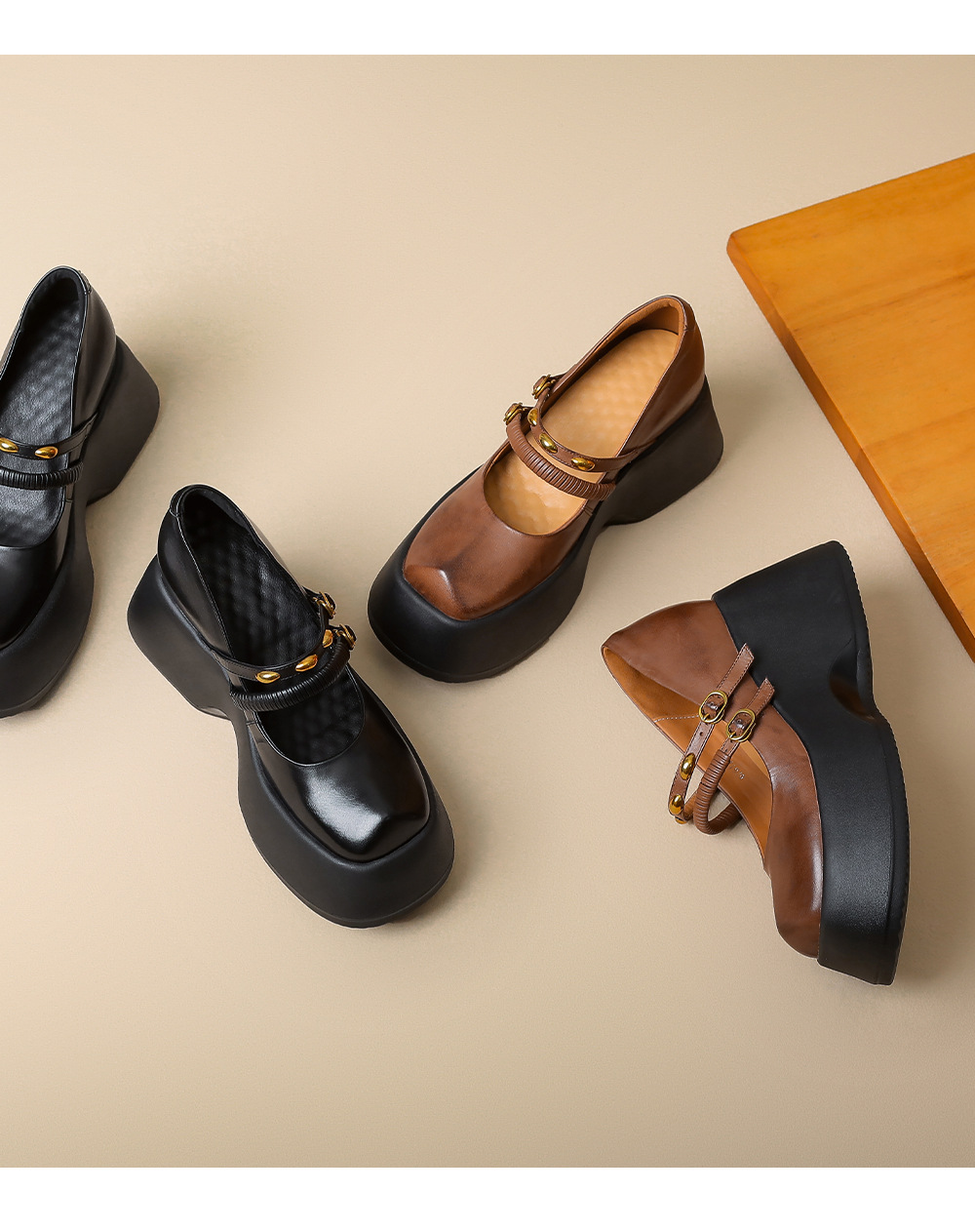 Giày Lolita platform đế xuồng 10 cm phong cách Anh Quốc cổ điển — màu nâu chi tiết 12