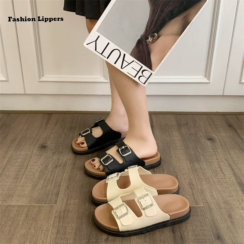 Толстая подошва Birkenstock женские сандалии, летние слипоны с двумя пряжками, пляжные