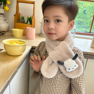 Autumn and Winter Cartoon Cute Little White Dog Plush Kidsren's Scarf Warm and Thickeneded Pure Color Versatile Cross Scarf for Boys and Girls