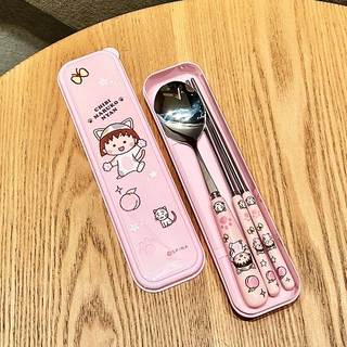 樱桃小丸子不锈钢陶瓷勺叉筷子可爱宿舍家用便携餐具勺子