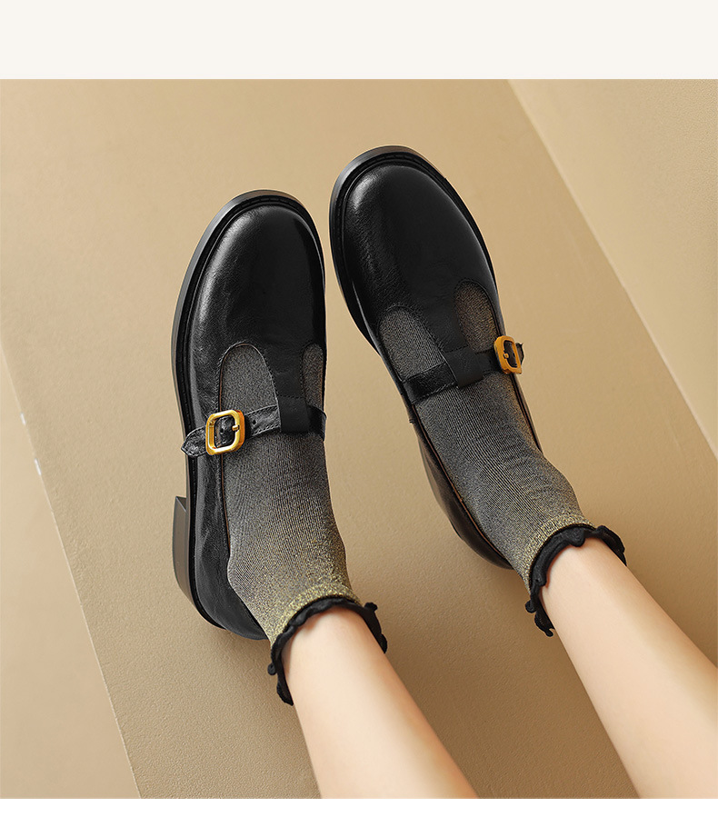Giày Mary Jane nữ da cừu quai chữ T, gót vừa, mũi tròn, phong cách retro — màu nâu chi tiết 9
