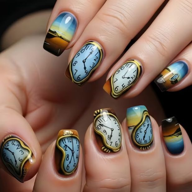 Cross-Border Best-Selling Glossy 24-Piece Nail Art Set with Vintage Art Oil Painting Clock Design, Medium-Length Rectangular Press-On Nails Wholesale Cross-Border Best-Selling Glossy 24-Piece Nail Art Set with Vintage Art Oil Painting Clock Design, Medium-Length Rectangular Press-On Nails Wholesale