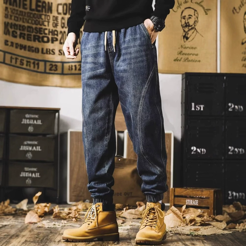 Американские повседневные джинсы, мужские леггинсы-шаровары в стиле ретро, ​​рабочая одежда, эластичные весенне-осенние свободные осенние брюки большого размера 2025 г.