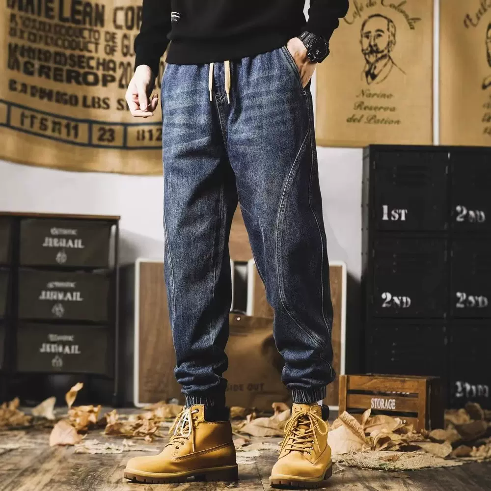 美式休闲牛仔裤男复古哈伦束脚工装弹力春秋2025宽松大码秋季长裤