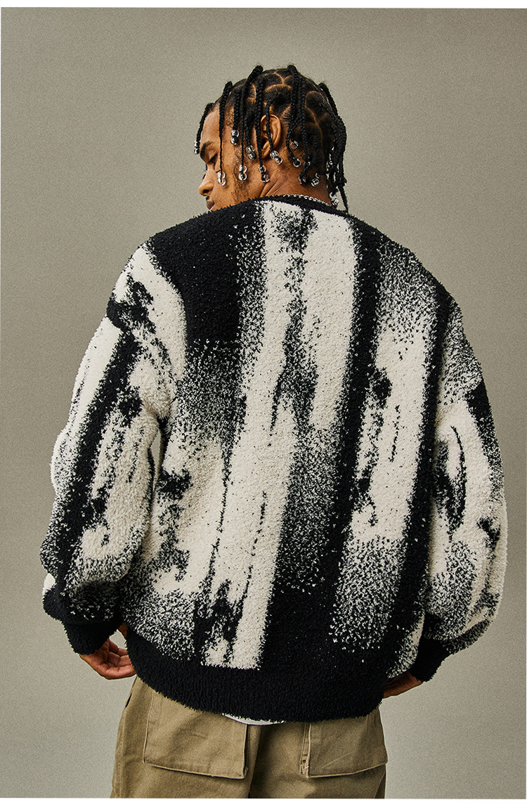 2025 Autumn Winter New Warm Personality Casual Loose Comfortable Black And White Jacquard Solid Color Long Sleeve_viptrois.com