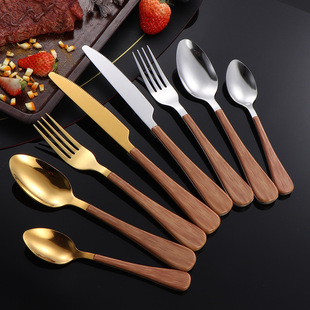 1010 Stainless Steel Tableware Hotel Restaurant Japanese Imitation Wooden Handle Knife, Fork and Spoon Four-piece Set Household Western-style Steak Knife and Fork
