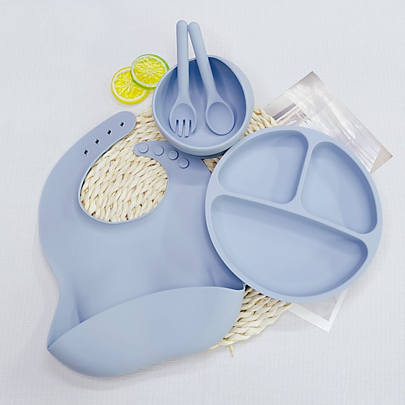 그레이 블루 라운드 디너 플레이트 + 턱받이 + 실리콘 스푼 + 실리콘 포크 + 그릇