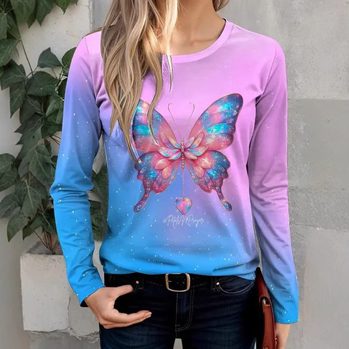 2025 European and American-style Fashionable Casual Trendy Printed Women's Long-Sleeve Crew-Neck Top