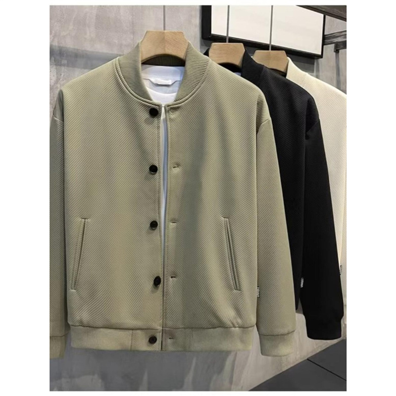 Twill Men's Solid Color Simple Commuter Baseball Jacket, Simple High-Quality Korean Style Knitted Twill Short Jacket Trendy