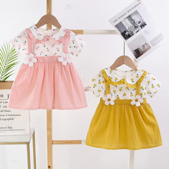 2024 Summer Cute Kids' Clothing Baby Little Kids Cartoon Dress Set for Girls with Pockets, New Style Fashion Short Sleeve Skirt