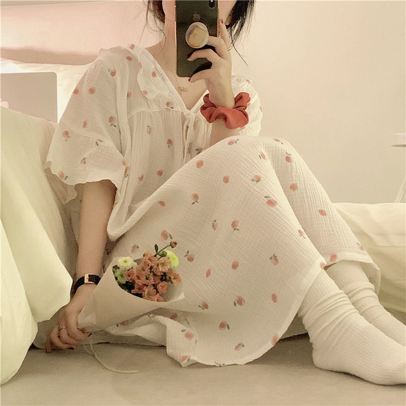Pijamas de verano de las mujeres de la burbuja de algodón de manga corta camisón cardigan estudiante arruga dulce lindo ins estilo ropa para el hogar Generación de pelo