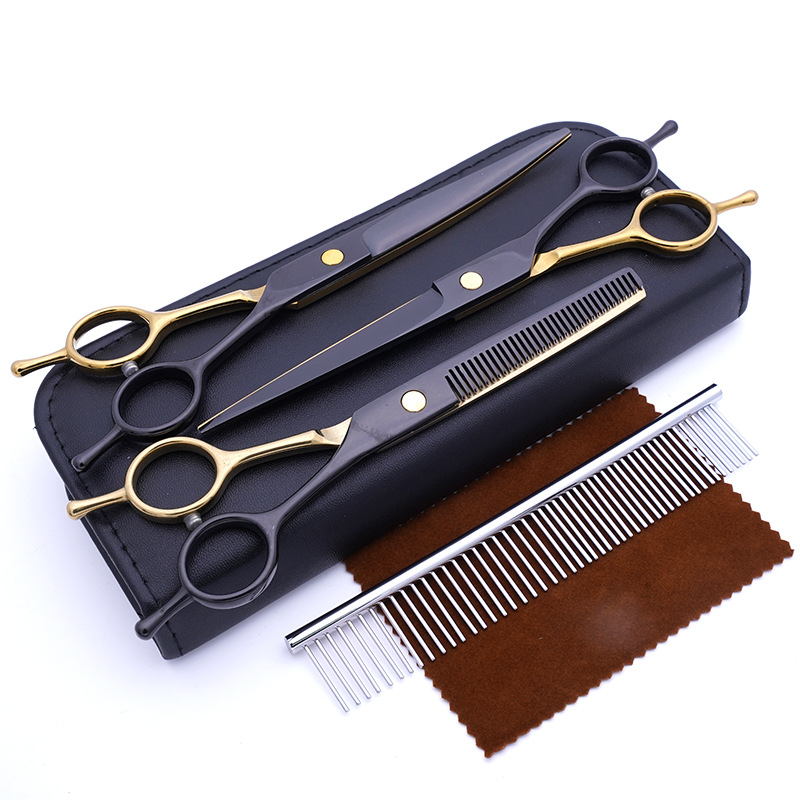 Directo de fábrica de acero inoxidable negro de oro de 7 pulgadas tijeras de belleza para mascotas perro de corte de pelo Teddy Barber tijeras traje