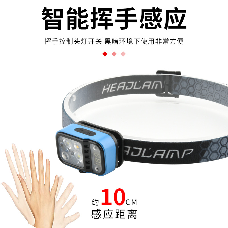 Transfronterizo nuevo LED de inducción faro digital eléctrico pantalla montado en la cabeza Faro de pesca Lámpara de trabajo al aire libre luz fuerte faro