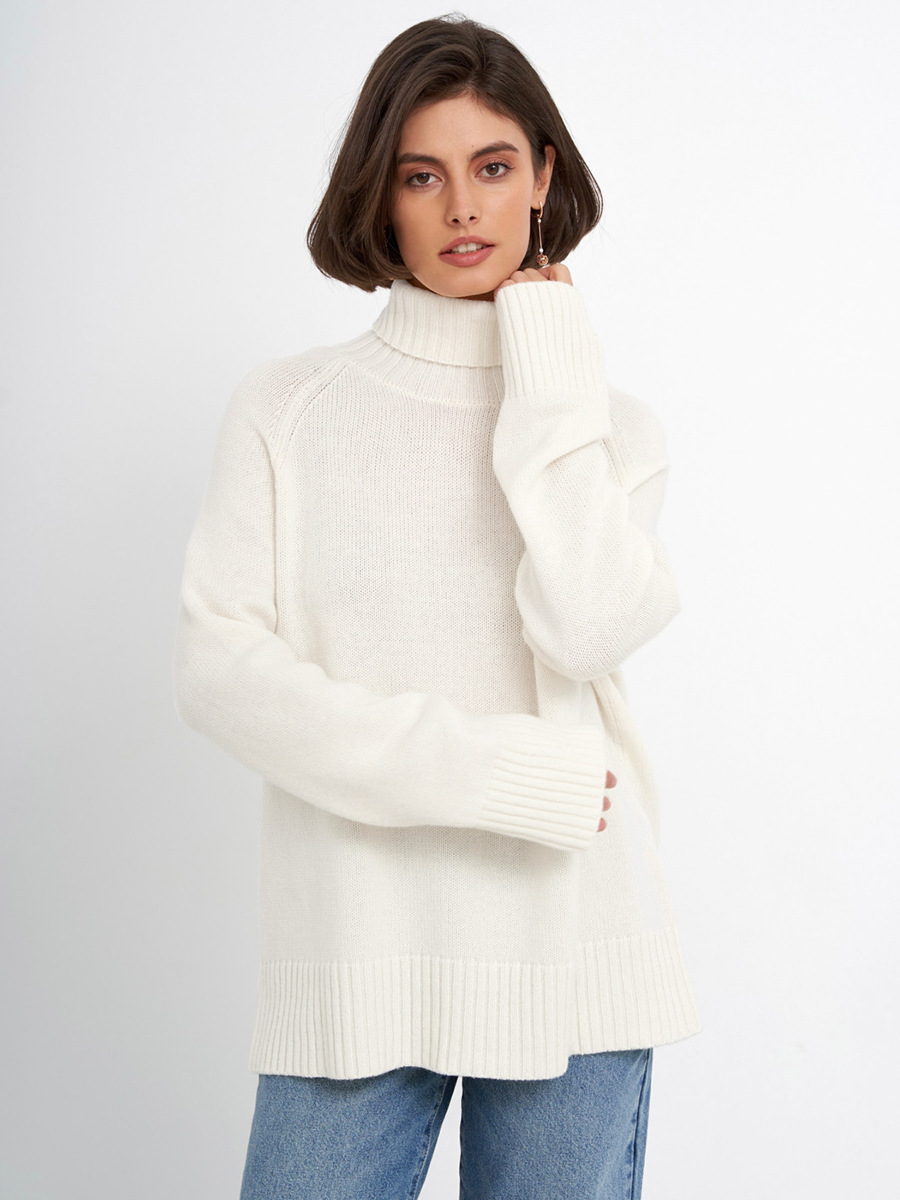 Suéter de cuello alto estilo europeo y americano, otoño-invierno 2025, elegante, versátil, de color liso, con manga raglán, diseño para mujer, longitud media. image 4