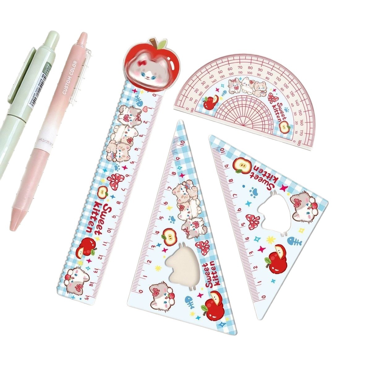 Nuevo hueco manzana gatito cubierta regla de medición de estudiantes papelería triángulo conjunto de ángulo de alto valor nominal regla giratoria