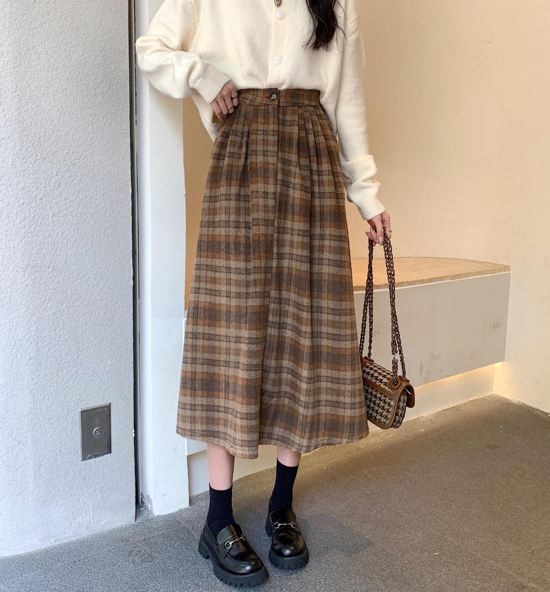 2024 İlkbahar Pileli Etek, Kahve Rengi Ekose Etek, Kadın Orta Uzunluk, Yüksek Bel, A Kesim, Küçük ve Çok Yönlü, Büyük Şemsiye Etek_voghion.com