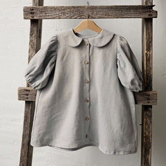 2023夏新款女童娃娃領襯衫法式田園風棉麻短袖可愛中小童寬鬆上衣