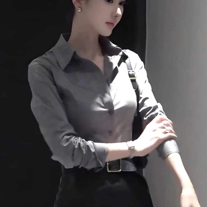 2026 New Style Gray Long-Sleeve Shirt for Women, Slim-Fit French Style, Elegant Professional Workwear Blouse, Cross-Border