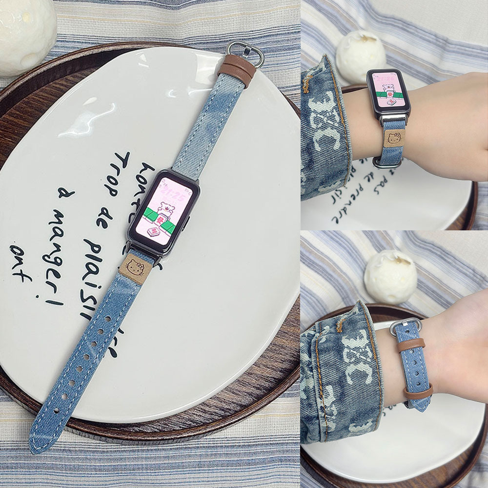 Suitable for Huawei Bracelet 10/9 Strap Smudged Denim 8Th Generation Nfc Accessible Luxury Wristband Kt Cat Cartoon Classy Watch Strap