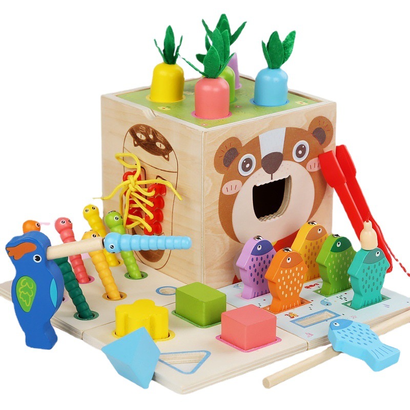 Ayudas de enseñanza Montessori tirando rábano y captura insectos educativos para niños educación temprana forma geométrica iluminación pesca juguetes 3 +