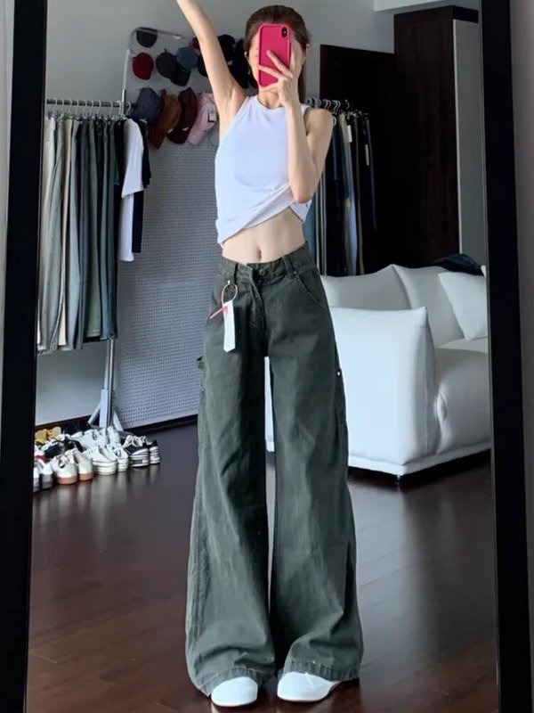 美式复古军绿色阔腿牛仔裤女秋季高腰设计感小个子阔腿裤大码女装|undefined