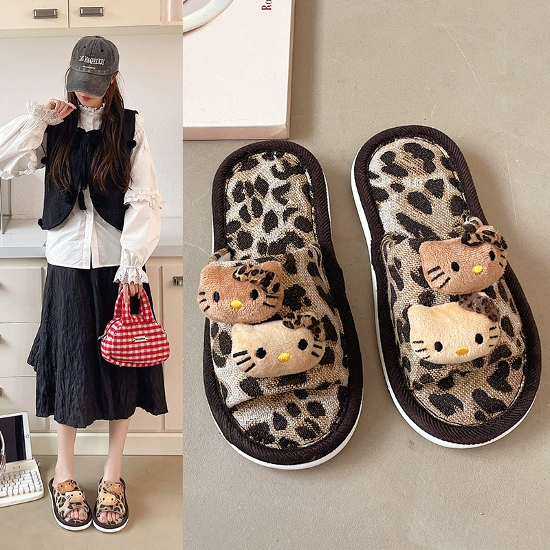 Леопардовый мультяшный кошачий тапочки женские повседневные весенние летние домашние плоские нескользящие мягкие подошвы с мягким подошвом