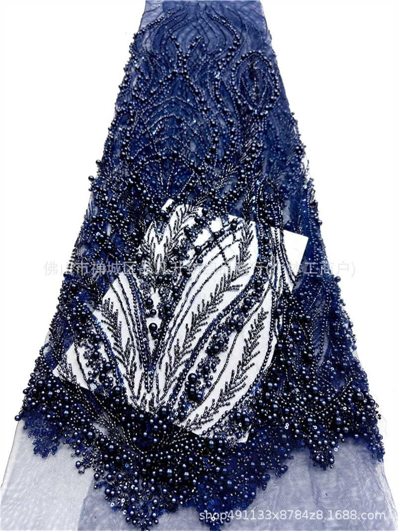Peacock Feather Heavy Duty Pearl Pipe Mesh Fabric Fonytail Clavado a mano Beads Fishtail vestido de boda tela