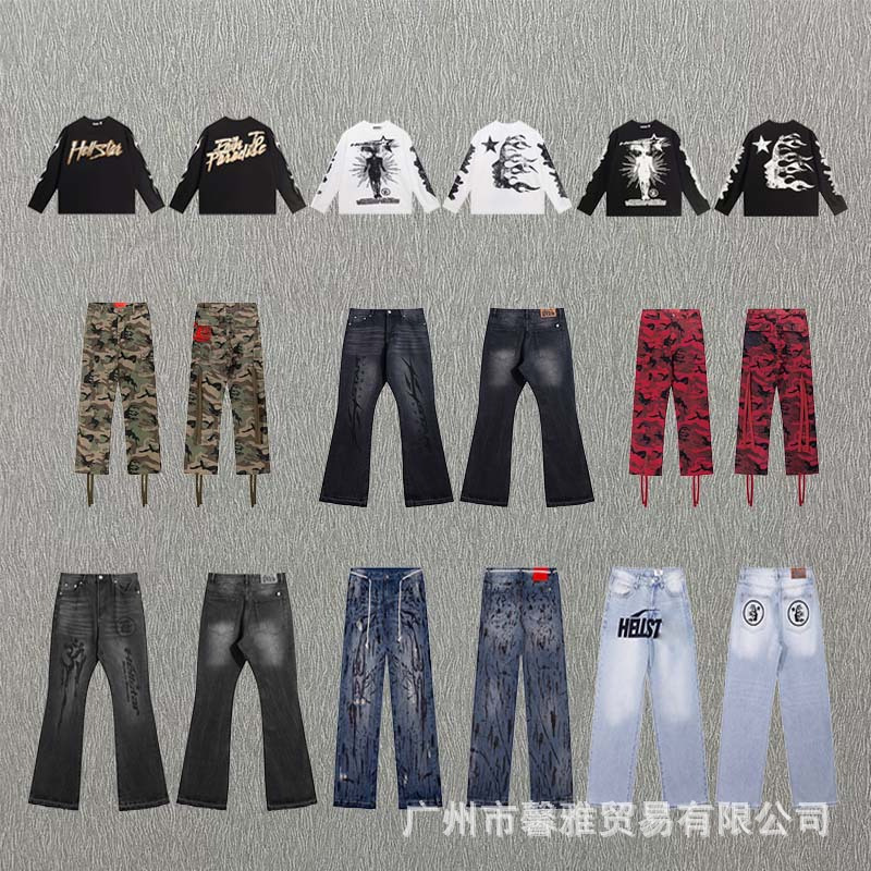 American Trendy High Street Crew Neck Sweatshirt Unisex Casual Versatile Jeans Outerwear Camouflage Pants