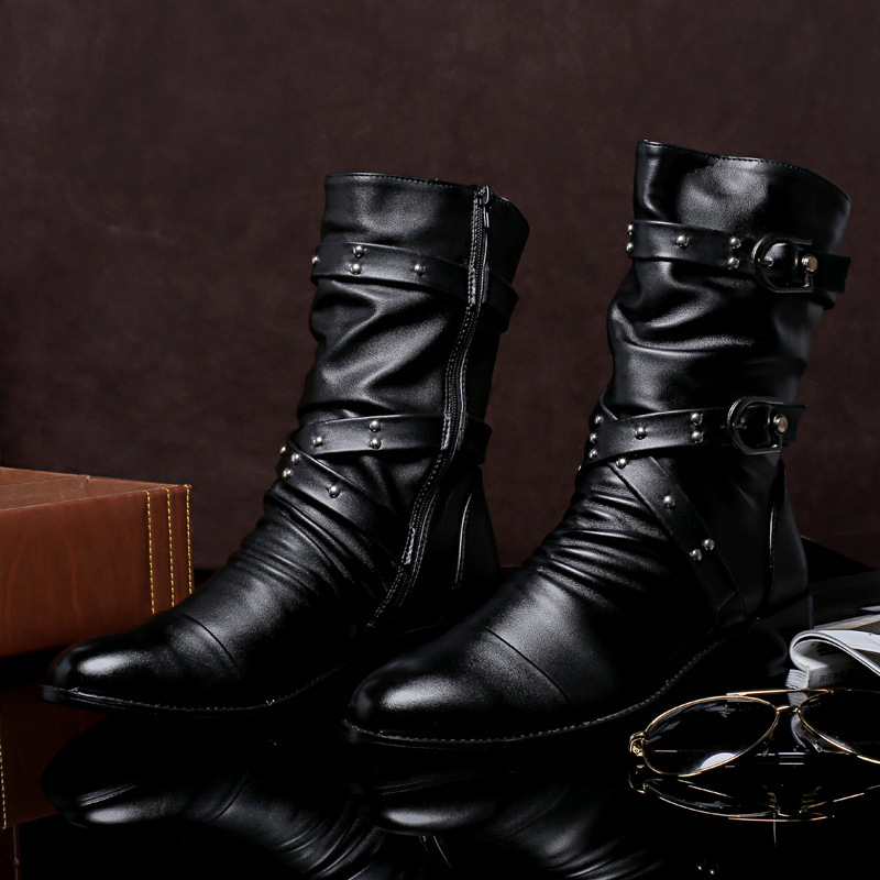 Spring and Autumn Pointed-Toe High-Top Leather Shoes, Mid-Calf British Style Men's Boots, Korean Style Fleece-Lined Martin Boots, Men's Fashionable Leather Boots Spring and Autumn Pointed-Toe High-Top Leather Shoes, Mid-Calf British Style Men's Boots, Korean Style Fleece-Lined Martin Boots, Men's Fashionable Leather Boots