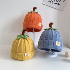 南瓜卡通寶寶針織帽秋冬新嬰兒帽子加棉保暖嬰幼兒毛線帽3-24個月