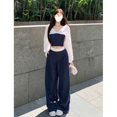 2025慵懒松弛感藏青色撞色假两件衬衫上衣女早秋系带长裤两件套装