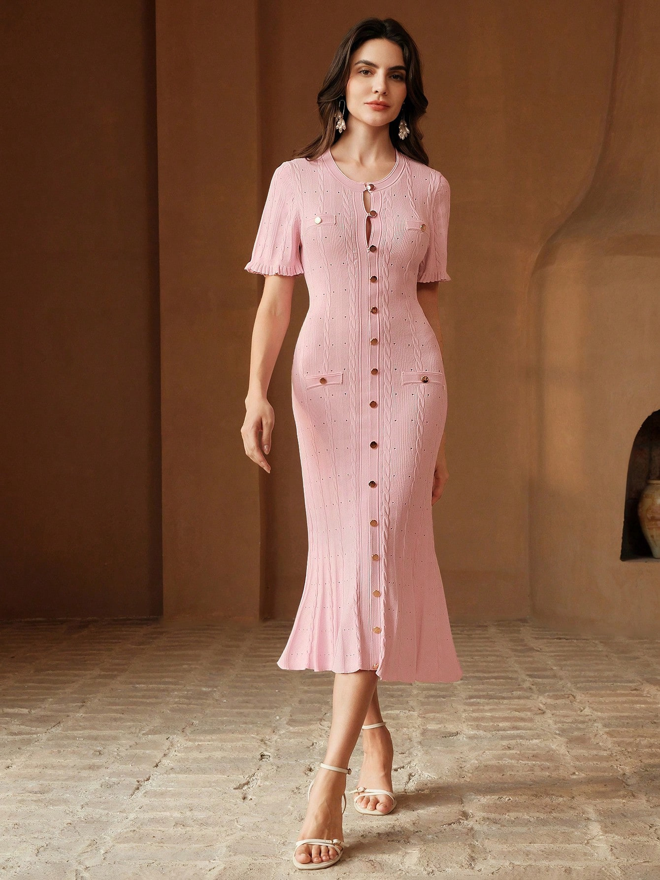Women's Clothing Elegant Knit Tweed Dress With Front Buttons And Short Sleeves For Women_ecoleips.com
