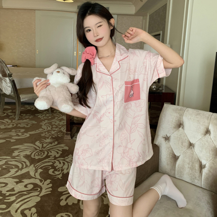 Pijamas de algodón de verano, chicas dulces estudiantes, cardigan de manga corta, pantalones cortos de dibujos animados, ropa para el hogar se puede usar fuera