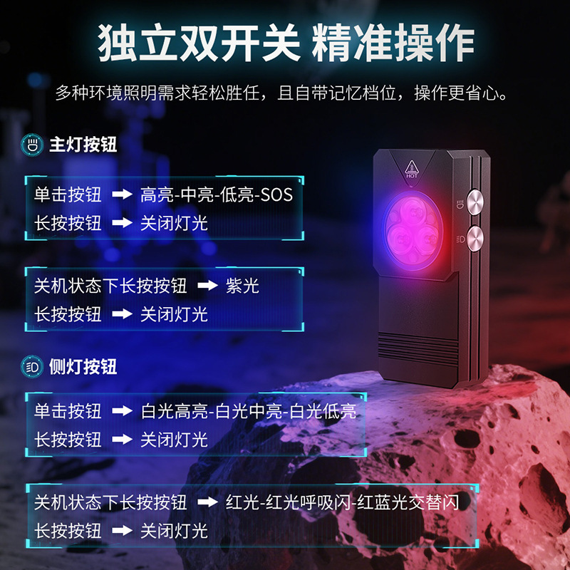 新款EDC多功能手电 铝合金夹子工作灯 紫光检验红蓝闪磁吸手电筒|undefined
