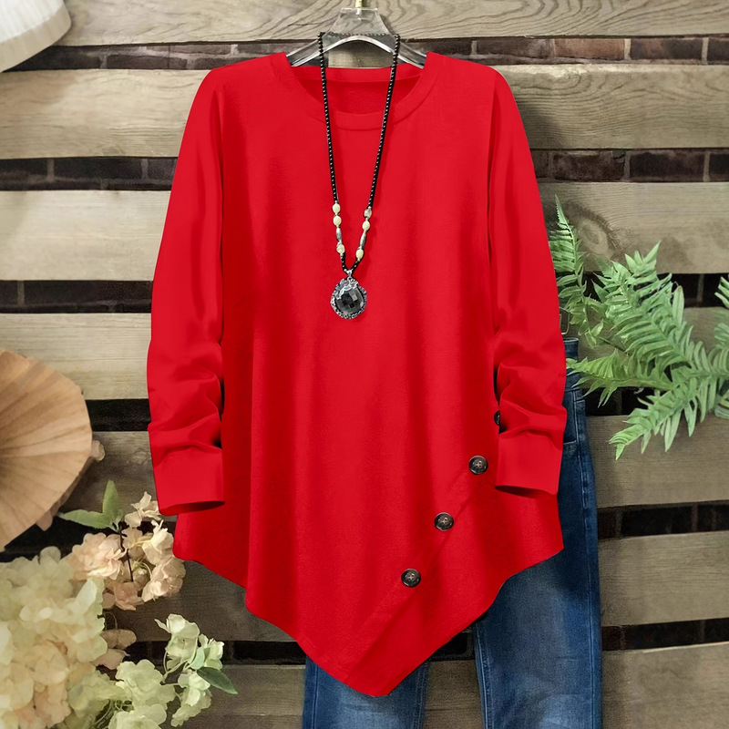 2025 Autumn and Winter Amazon Independent Station New Women's Solid Color Irregular Hem Round Neck Long Sleeve Top