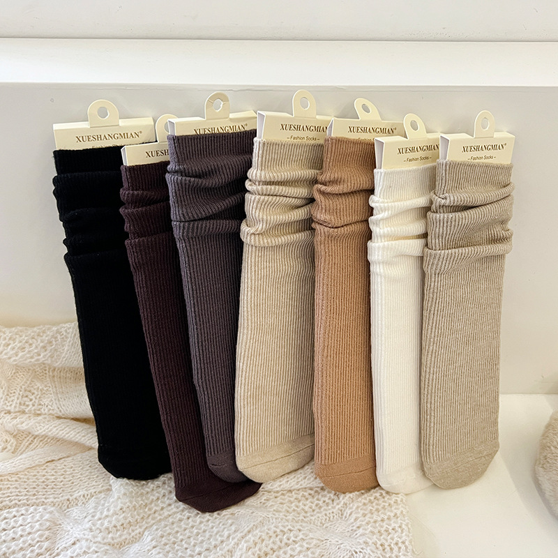 Invierno de mujer de cordilla calcetín de pila de invierno de doble aguja de color sólido rectas rayas delgadas de color café de peluche suelta