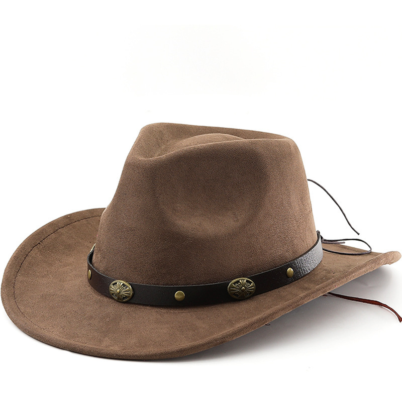 western suede warped edge western cowboy hat men's and women's outdoor travel hat curled brim ethnic style bowler hat felt hat