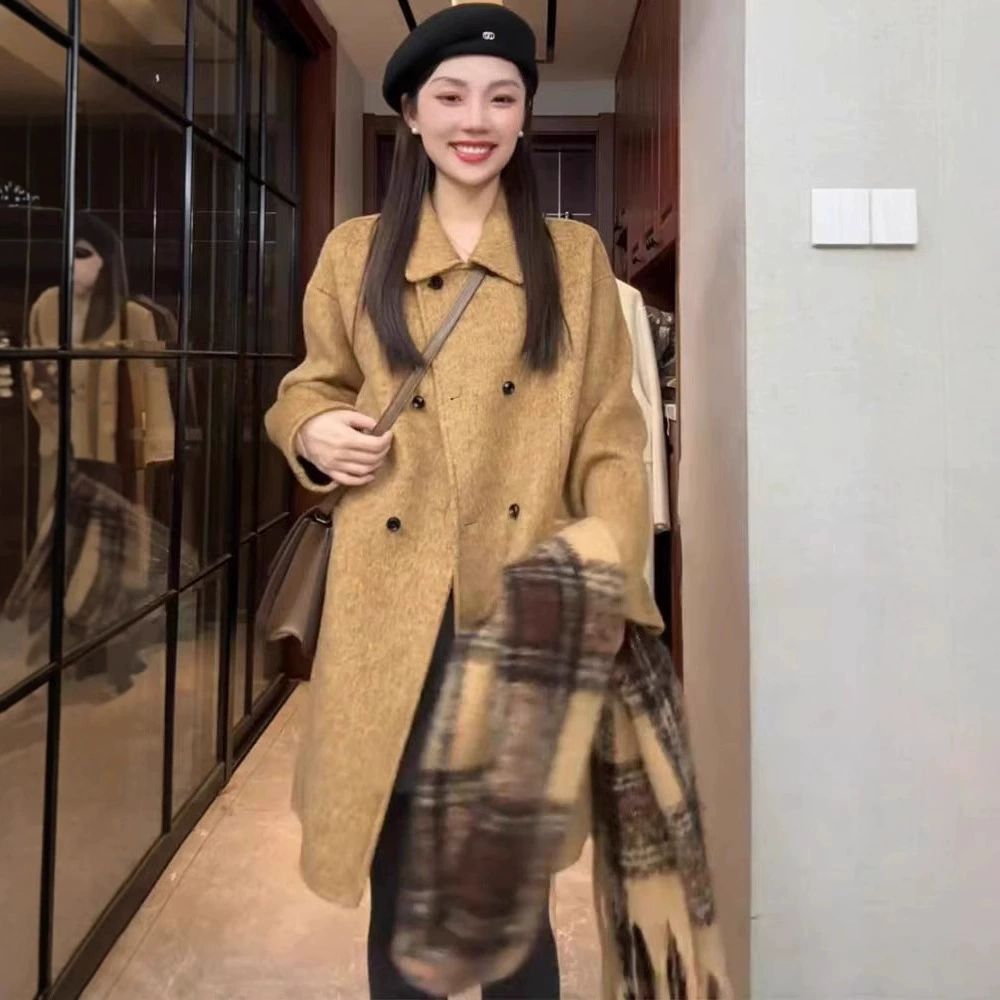 Net Red 2024 новые осенние и зимние двухсторонние шерстяные пальто корейская версия свободного повседневного среднего роста шерстяное пальто